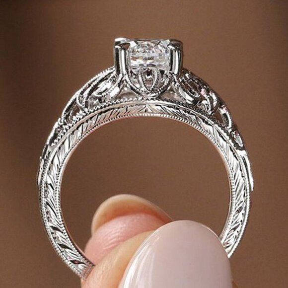 🔥 Dainty Zircon Pattern Hollow Carved Silver Vintage Rings for Women, EVGG1583 - Picture 5 of 7